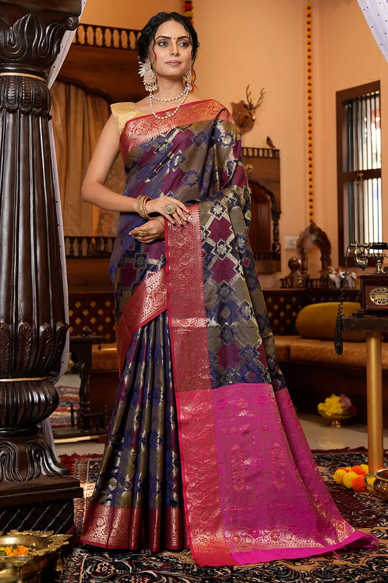 Gorgeous Navy Blue Organza Silk Saree With Wonderful Amazing Piece