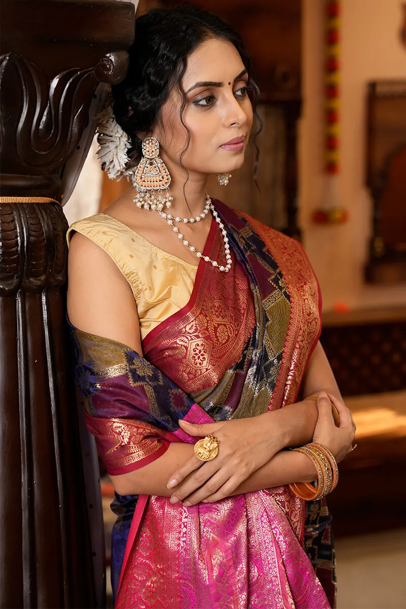 Gorgeous Navy Blue Organza Silk Saree With Wonderful Amazing Piece
