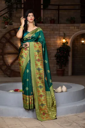 Green Heavy Bordered Banarasi Silk Wedding Wear Saree With Blouse
