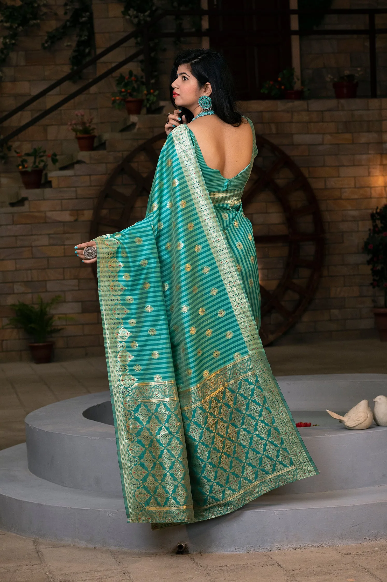 Green Striped Banarasi Silk Festival Wear Saree With Blouse