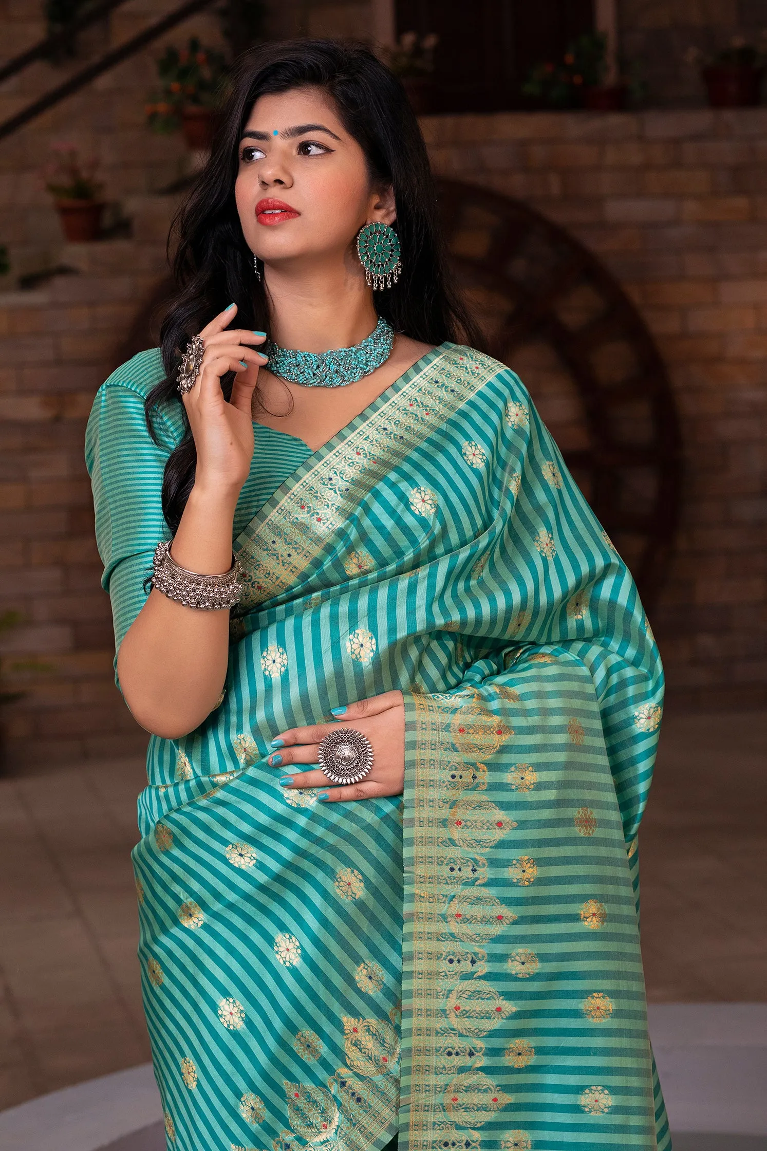 Green Striped Banarasi Silk Festival Wear Saree With Blouse