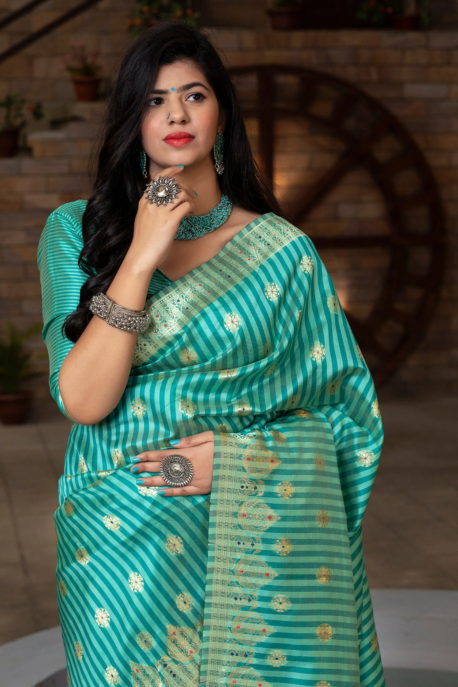 Green Striped Banarasi Silk Festival Wear Saree With Blouse