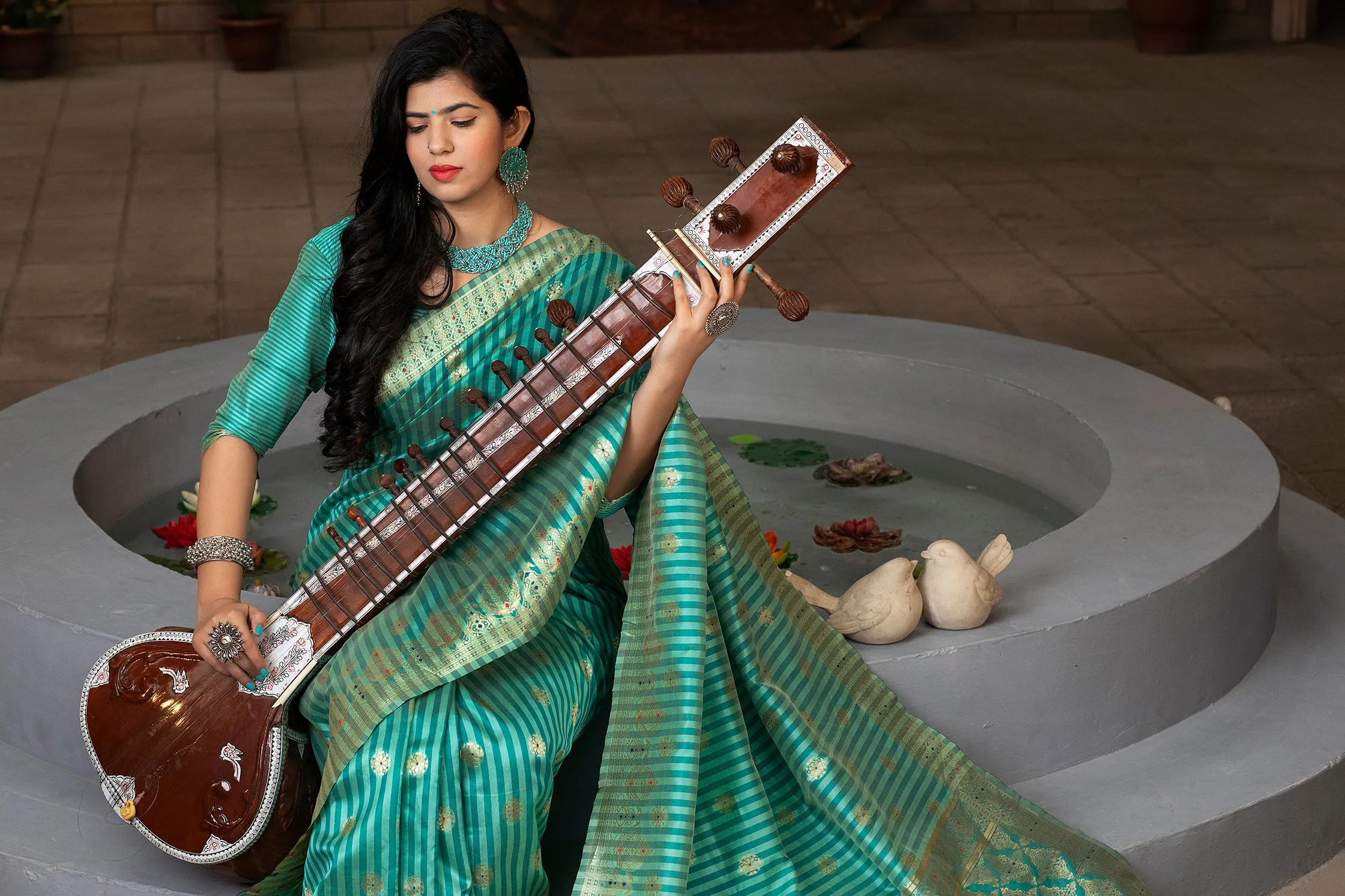 Green Striped Banarasi Silk Festival Wear Saree With Blouse