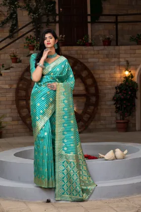 Green Striped Banarasi Silk Festival Wear Saree With Blouse