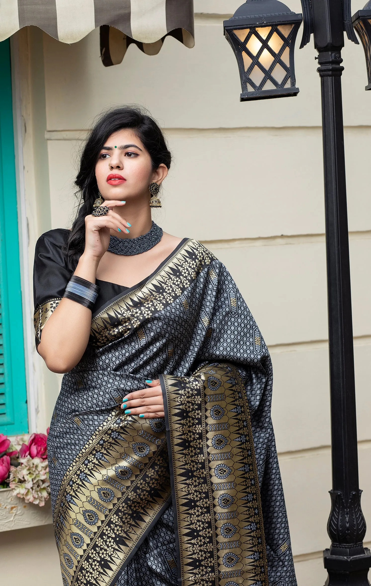 Grey Banarasi Silk Festival Wear Saree With Blouse