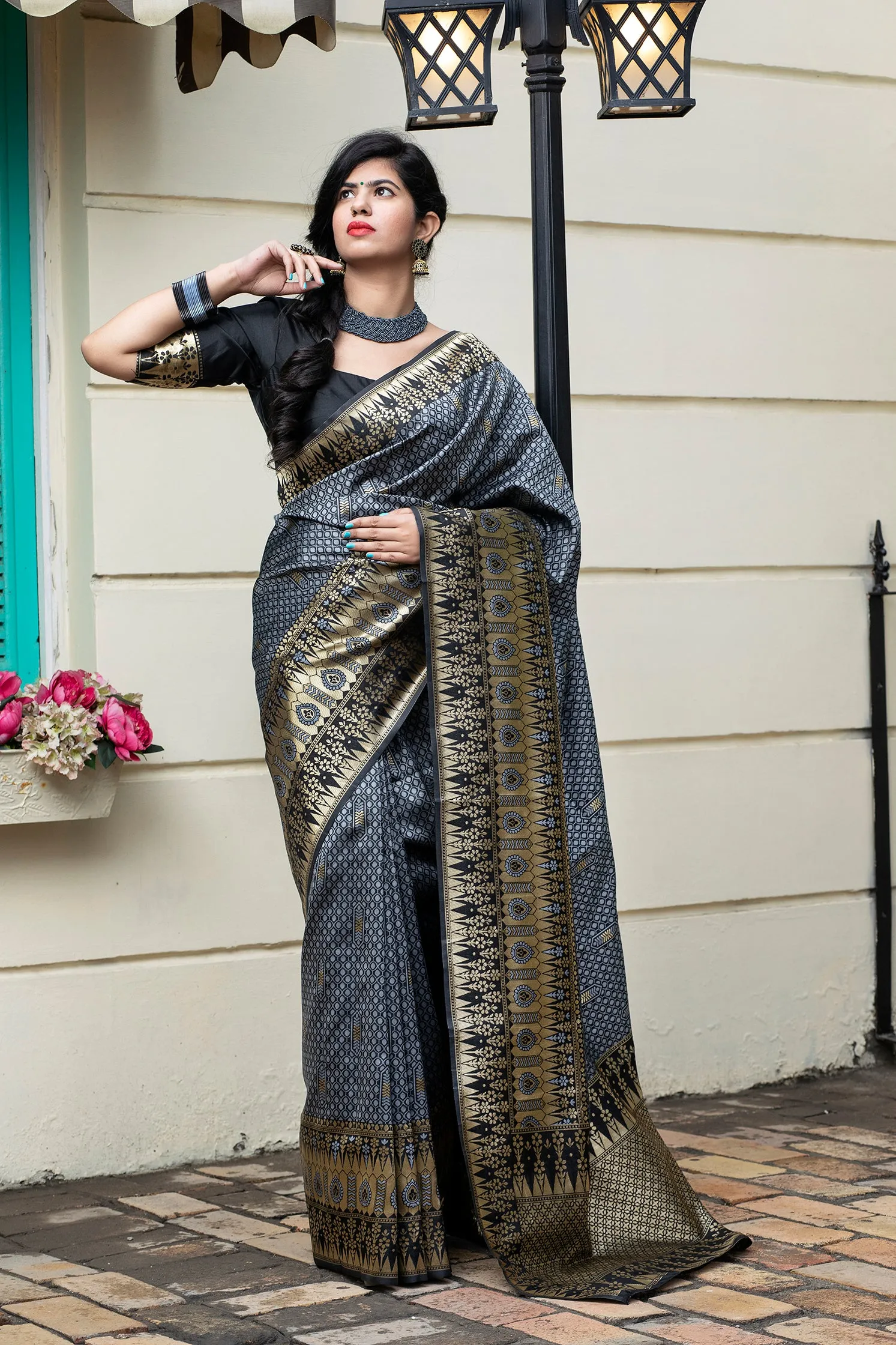 Grey Banarasi Silk Festival Wear Saree With Blouse