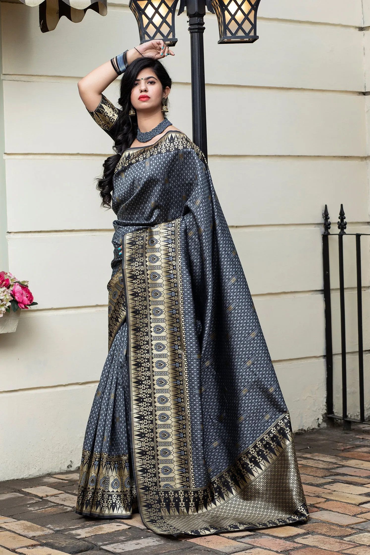 Grey Banarasi Silk Festival Wear Saree With Blouse