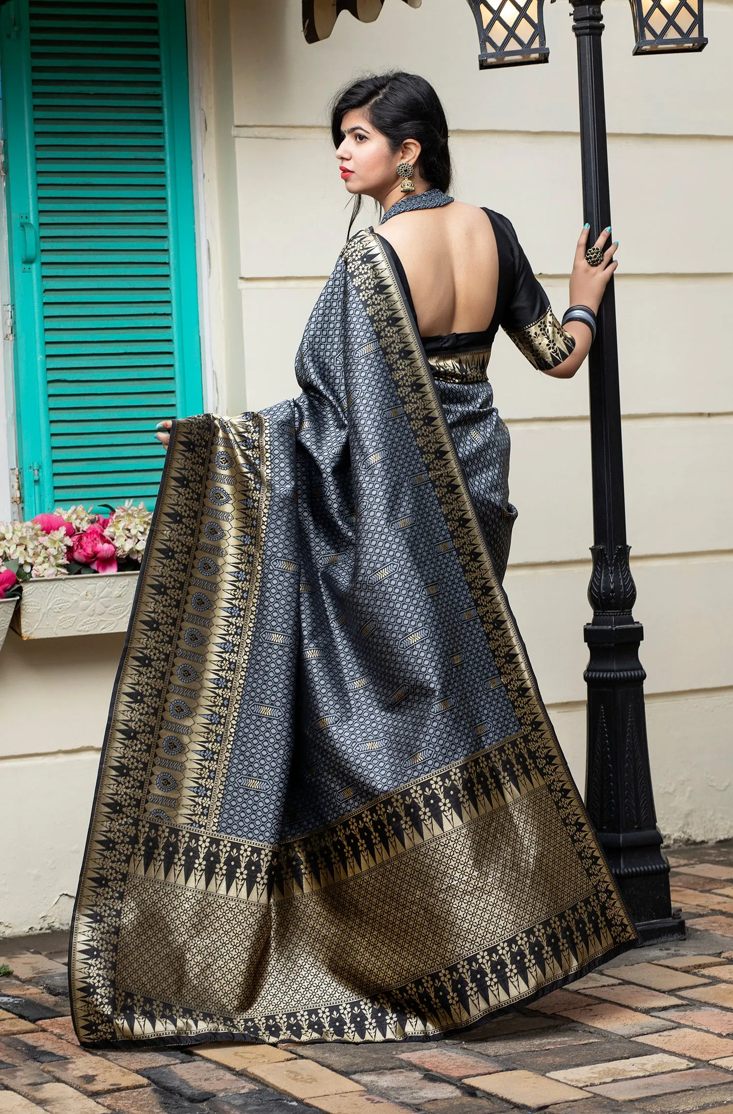 Grey Banarasi Silk Festival Wear Saree With Blouse