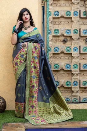 Grey Heavy Bordered Banarasi Silk Wedding Wear Saree With Blouse