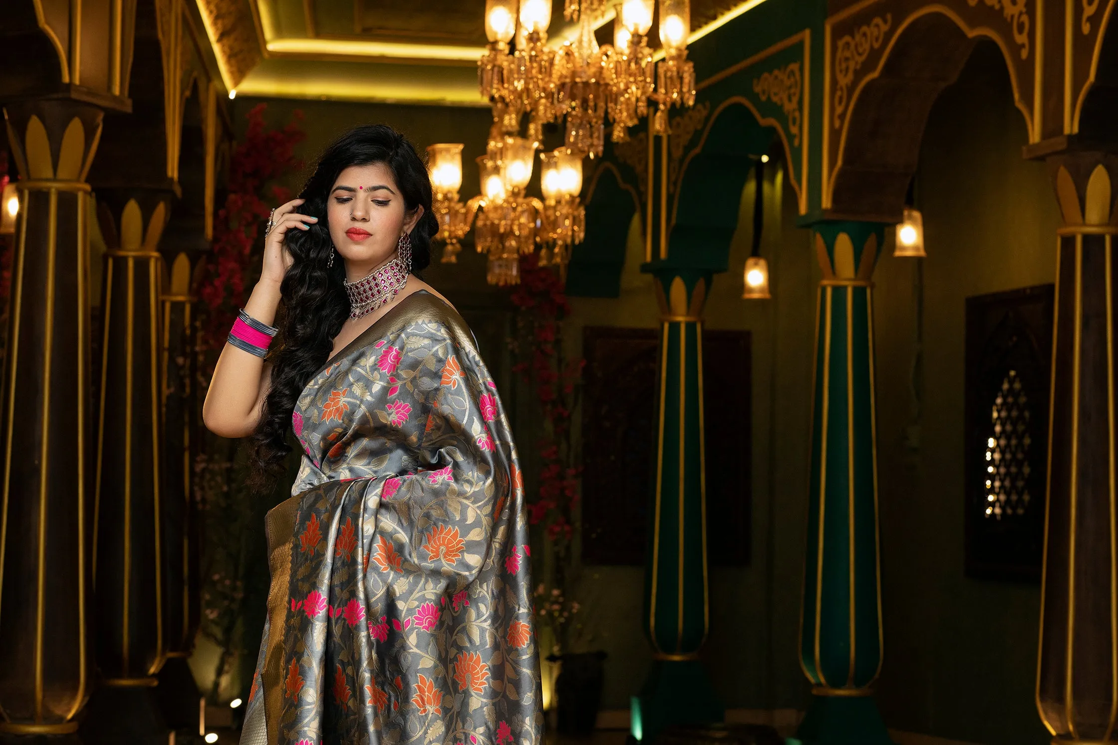 Groovy Grey Coloured Embroidered Partywear Banarasi Silk Saree