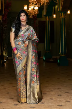 Groovy Grey Coloured Embroidered Partywear Banarasi Silk Saree