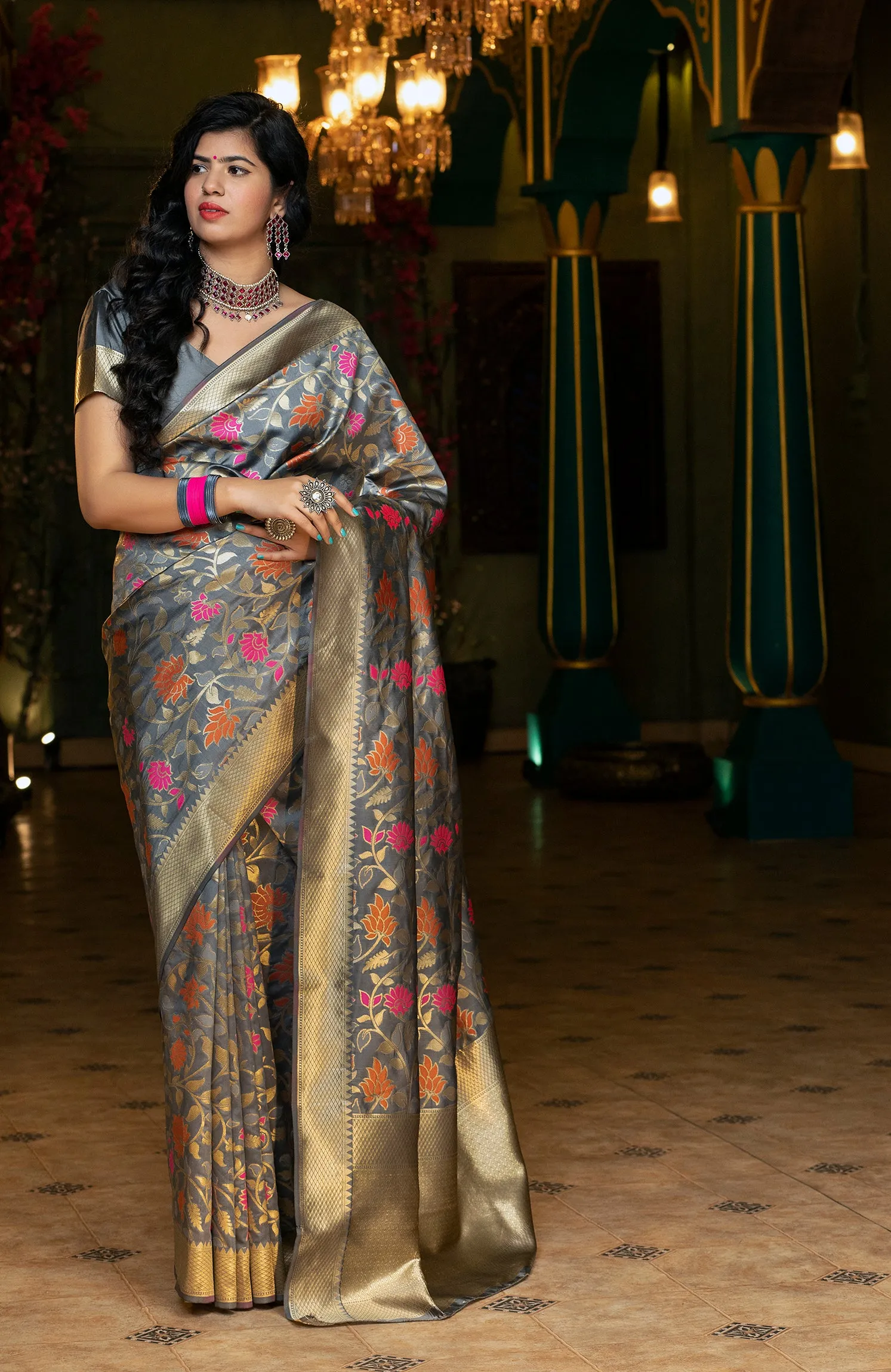 Groovy Grey Coloured Embroidered Partywear Banarasi Silk Saree
