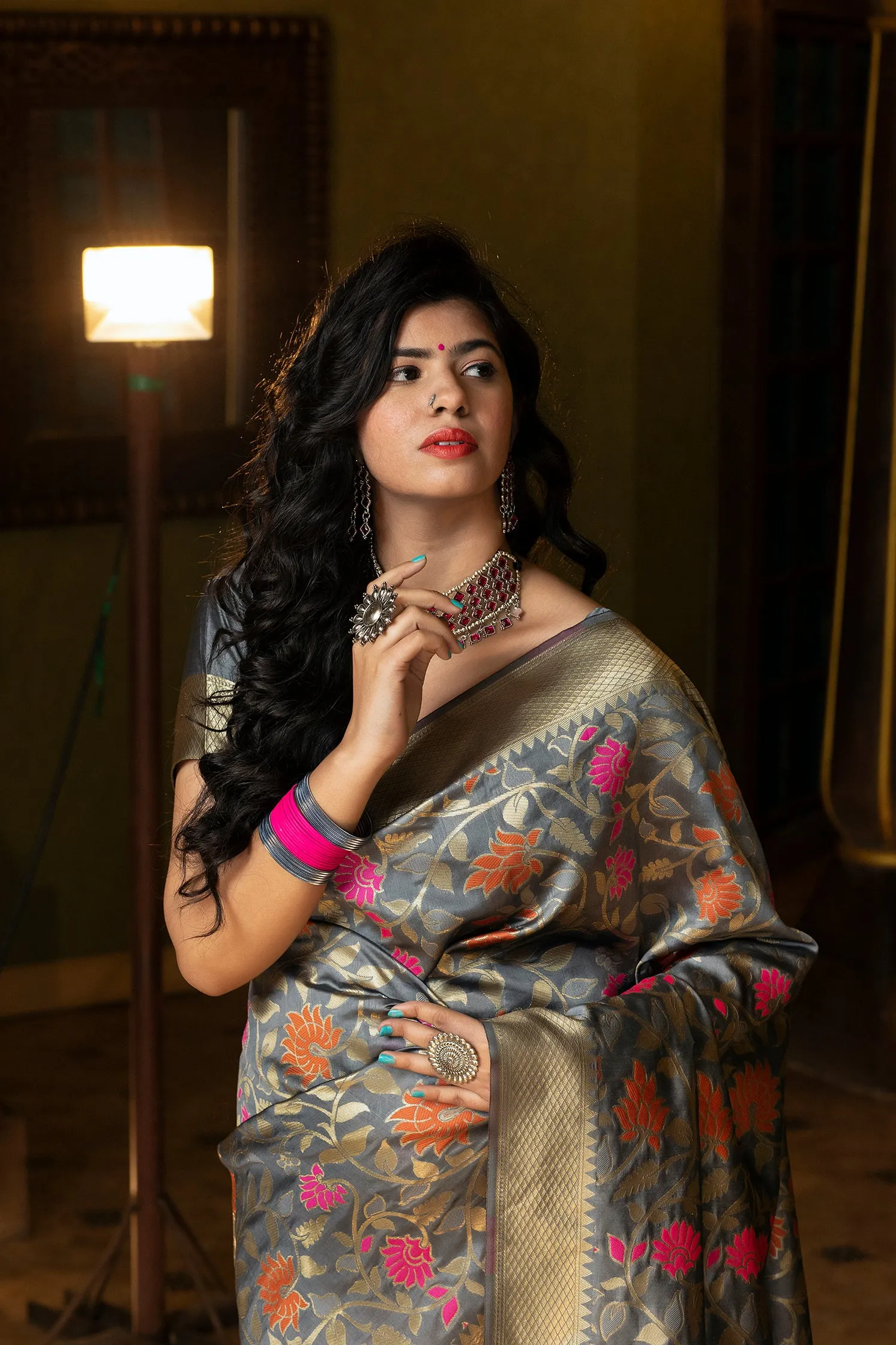 Groovy Grey Coloured Embroidered Partywear Banarasi Silk Saree