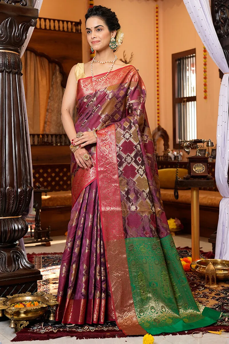 Groovy Purple Organza Silk Saree With Designer Blouse Piece