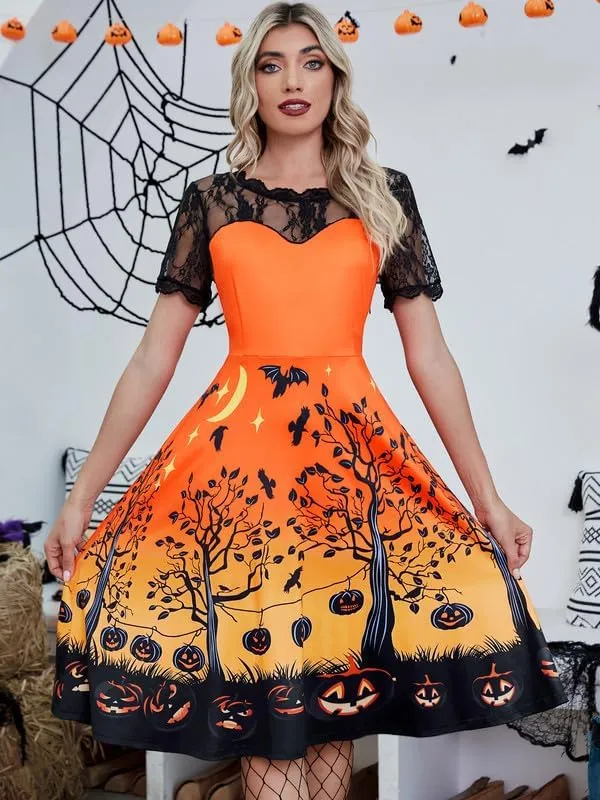 Jillumi Women's Lace Sleeve Pumpkin Swing Halloween Dress