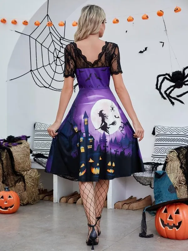 Jillumi Women's Lace Sleeve Pumpkin Swing Halloween Dress