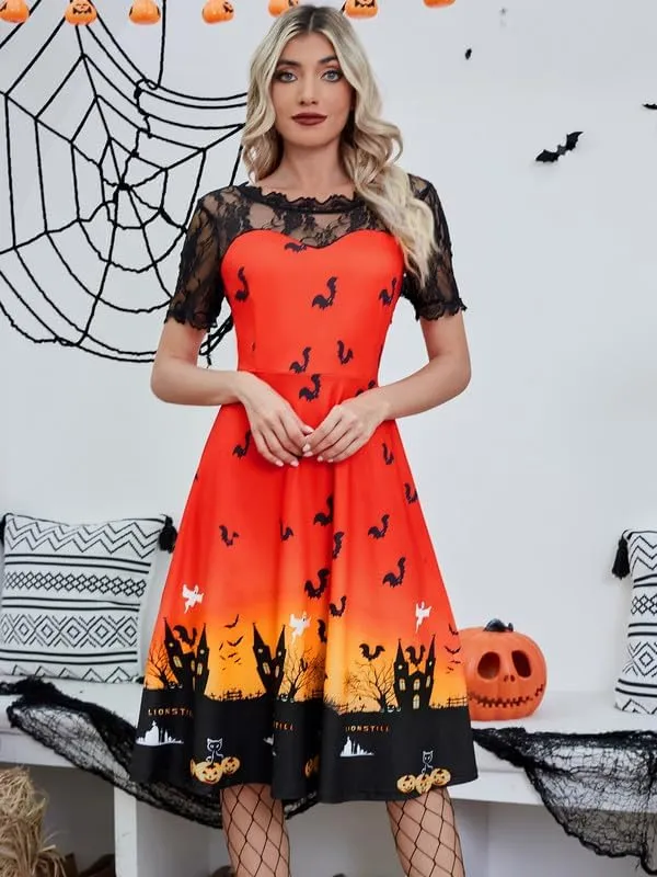 Jillumi Women's Lace Sleeve Pumpkin Swing Halloween Dress