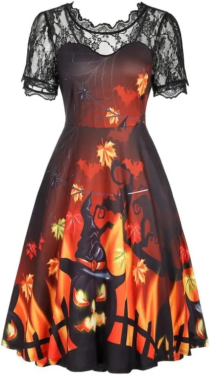 Jillumi Women's Lace Sleeve Pumpkin Swing Halloween Dress