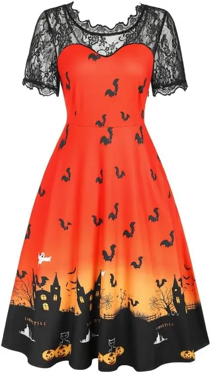 Jillumi Women's Lace Sleeve Pumpkin Swing Halloween Dress