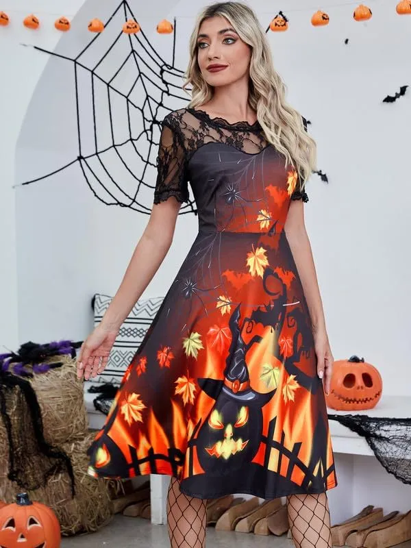 Jillumi Women's Lace Sleeve Pumpkin Swing Halloween Dress