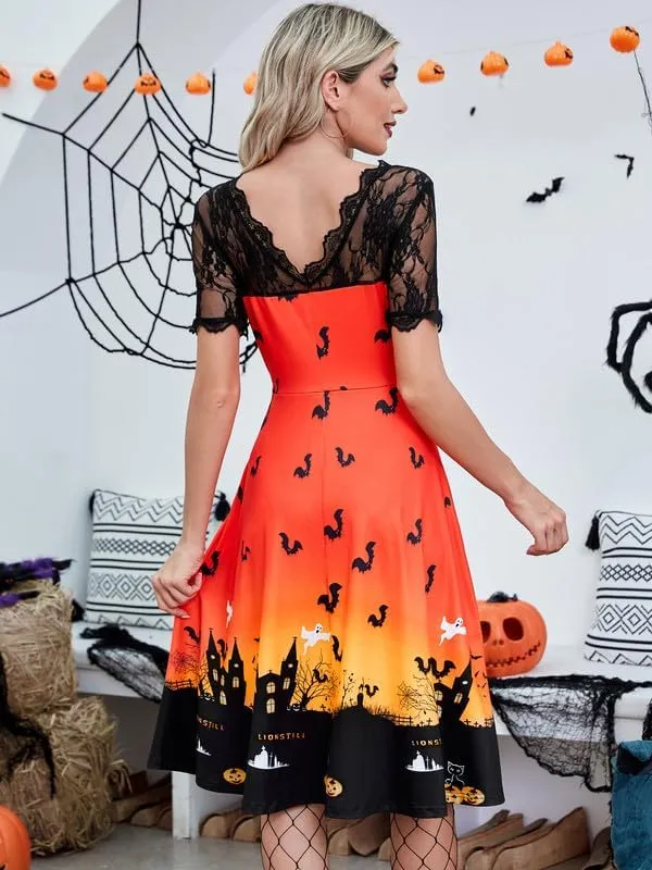 Jillumi Women's Lace Sleeve Pumpkin Swing Halloween Dress