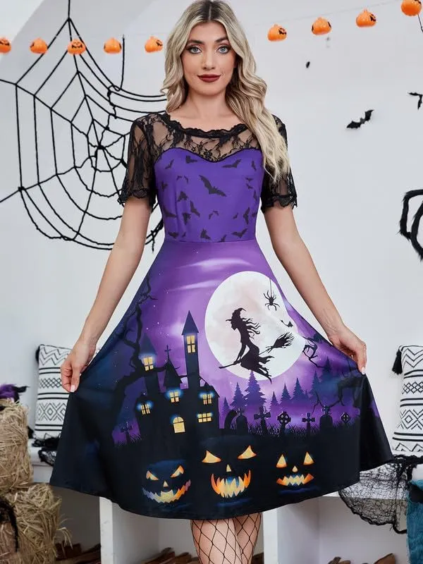 Jillumi Women's Lace Sleeve Pumpkin Swing Halloween Dress