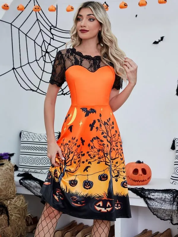 Jillumi Women's Lace Sleeve Pumpkin Swing Halloween Dress