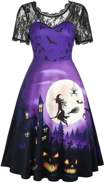 Jillumi Women's Lace Sleeve Pumpkin Swing Halloween Dress