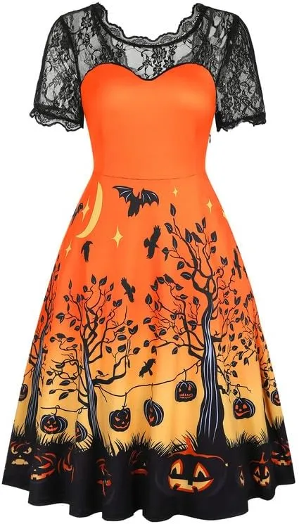 Jillumi Women's Lace Sleeve Pumpkin Swing Halloween Dress