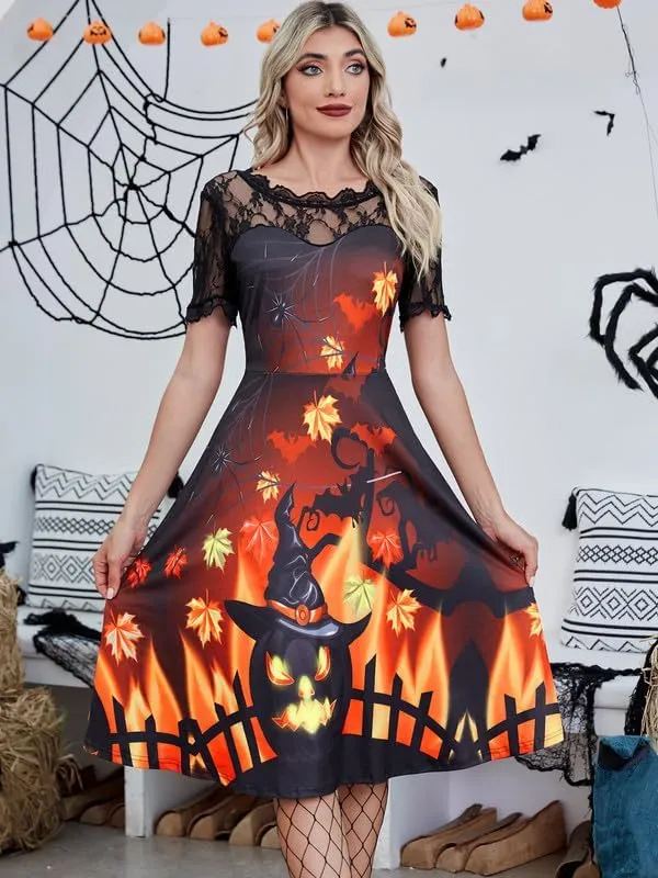 Jillumi Women's Lace Sleeve Pumpkin Swing Halloween Dress