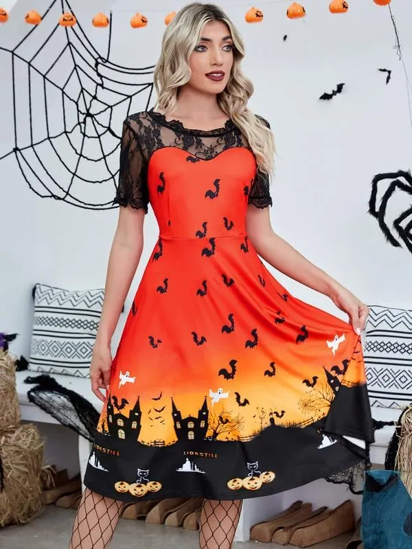 Jillumi Women's Lace Sleeve Pumpkin Swing Halloween Dress