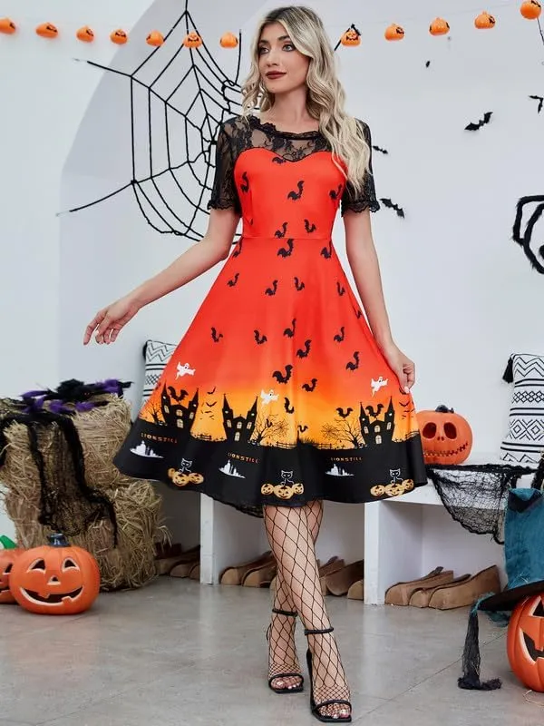 Jillumi Women's Lace Sleeve Pumpkin Swing Halloween Dress
