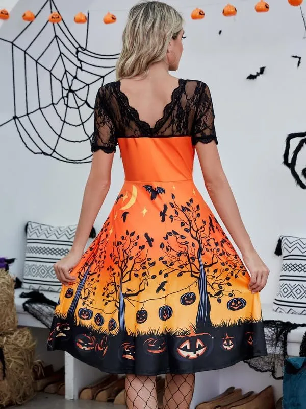 Jillumi Women's Lace Sleeve Pumpkin Swing Halloween Dress