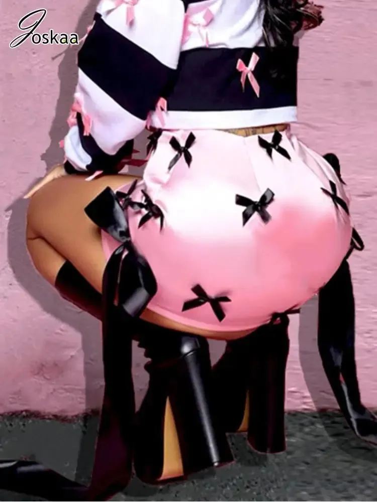 Joskaa Fashion Bow Ribbons Hip Skirt Women Hipster High Waist Side Zip Mini Skirts Summer Party Club Female Bottoms Streetwear