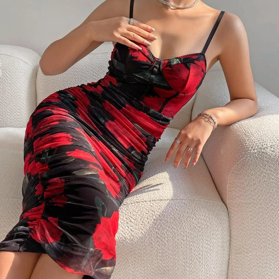 KittenAlarm - Lorraine Floral Ruched Midi Dress