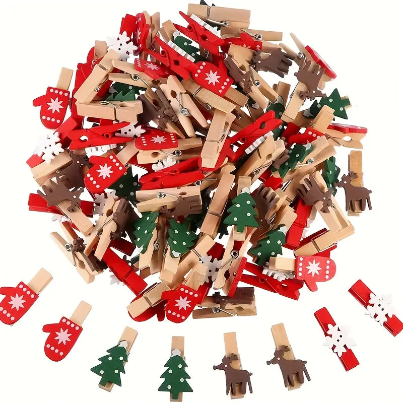 kkboxly 20-Pack Wooden Christmas Clip Charms - Festive Tree, Mitten, Reindeer, Snowflake Designs - Versatile Hanging Ornaments for Home, Wedding, Party Decor - No Electricity or Feathers Required