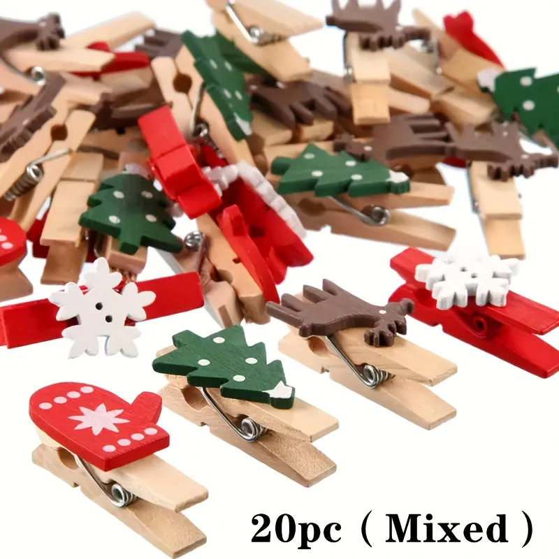 kkboxly 20-Pack Wooden Christmas Clip Charms - Festive Tree, Mitten, Reindeer, Snowflake Designs - Versatile Hanging Ornaments for Home, Wedding, Party Decor - No Electricity or Feathers Required