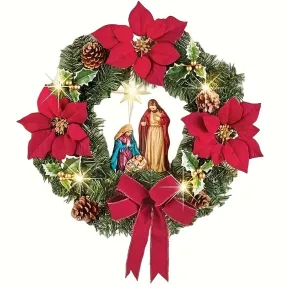 kkboxly Vintage Christmas Wreath Door Decor with Nativity Scene, Pine Cones, and Berries – Handcrafted Log Garland, Electricity-Free with Decorative Elements, Festive Holiday Entrance Accent