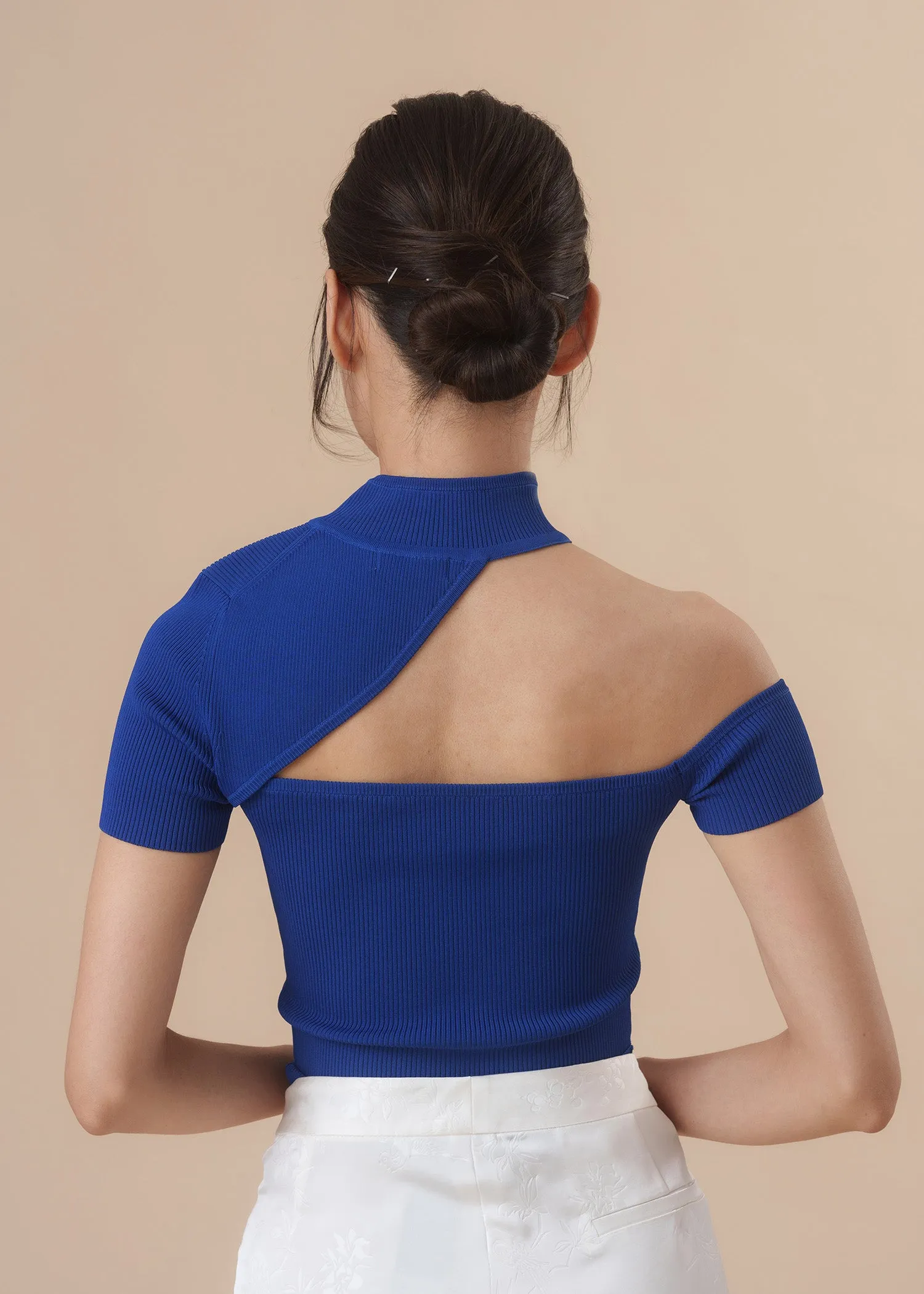Knitted Cut Out Qipao Top (Cobalt Blue)