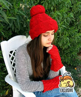 Knitted red set: a pom-pom cap and fingerless gloves/gaiters
