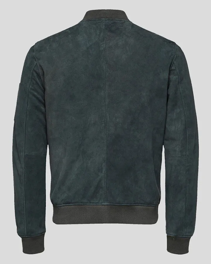 Lucy Dark Green Suede Bomber Leather Jacket