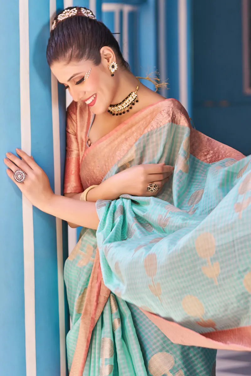 Luxuriant Sea Green Organza Silk Saree With Fantabulous Blouse Piece