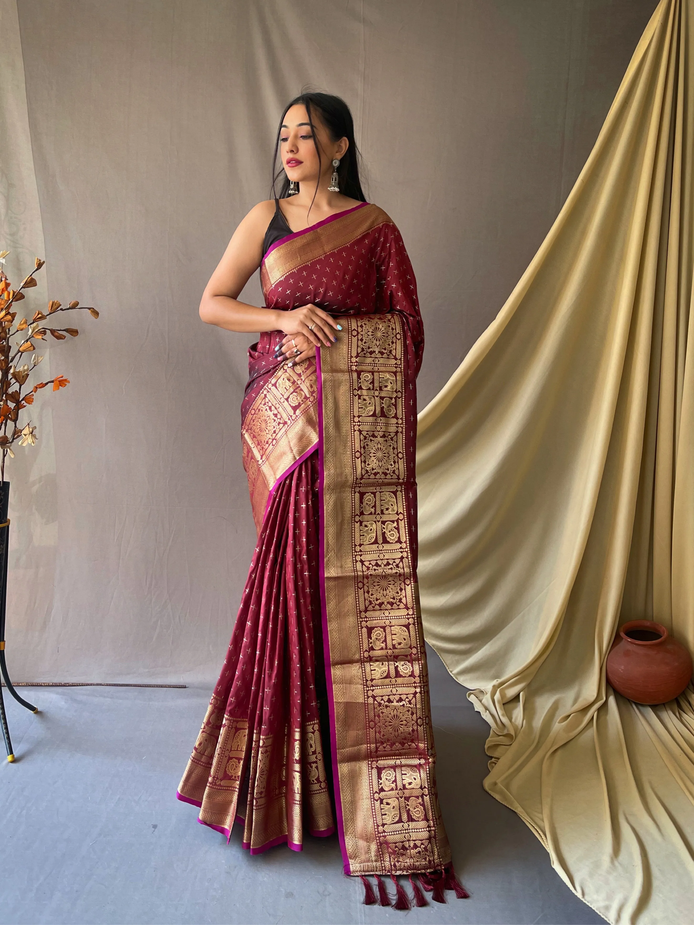 Maroon Brown Saree in Soft Silk
