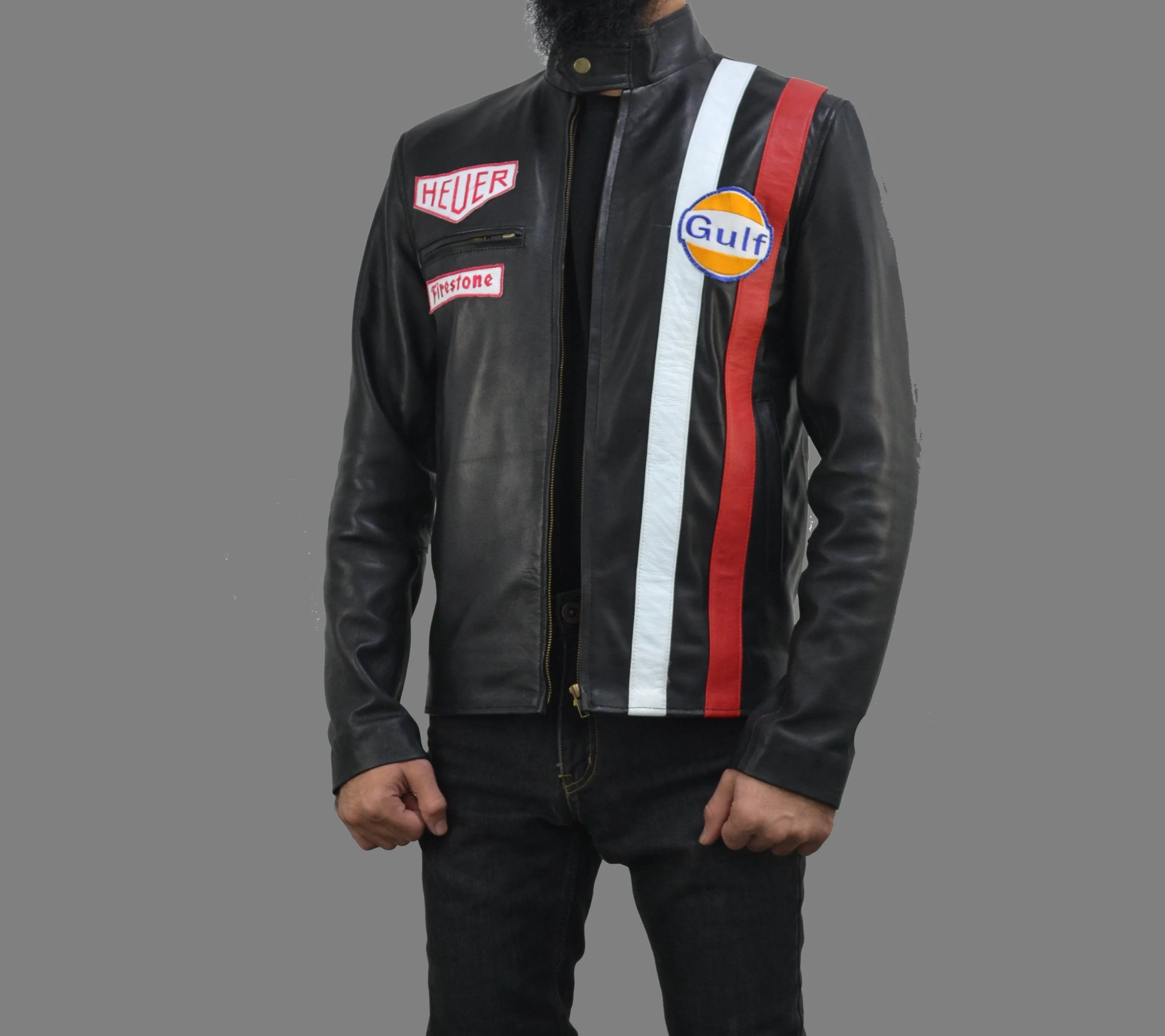 Men Cafe Racer Steve McQueen Stripe Leather Jacket Man's