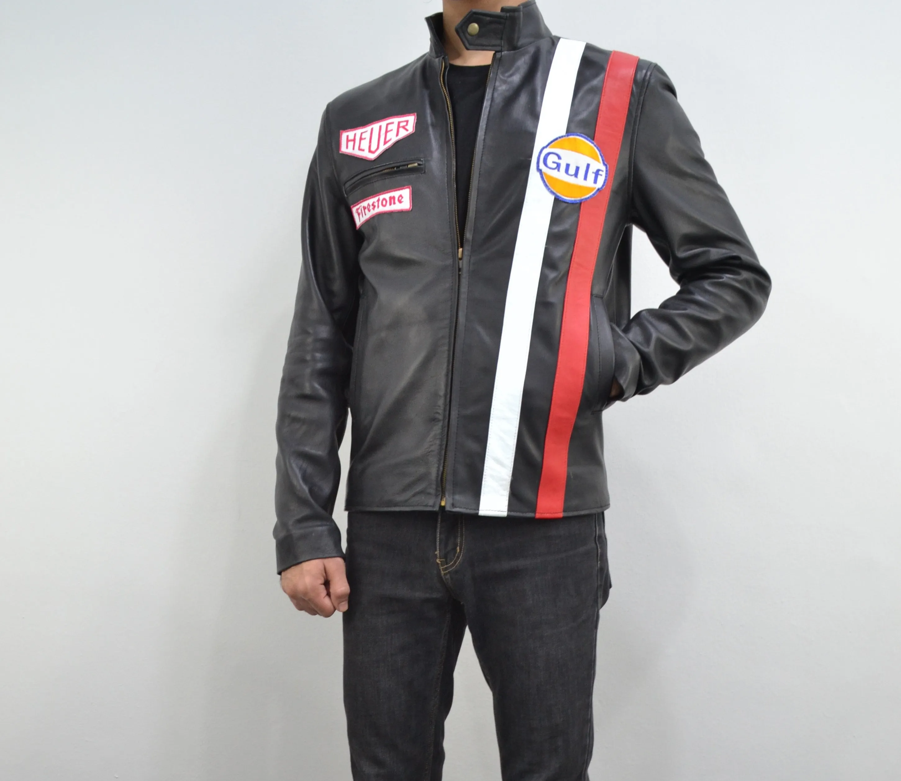Men Cafe Racer Steve McQueen Stripe Leather Jacket Man's