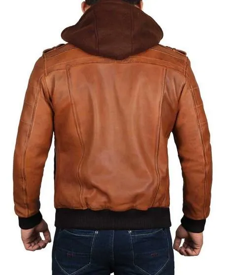 Men's Brown Hooded Leather Bomber Jacket with Rib-Knit Cuffs