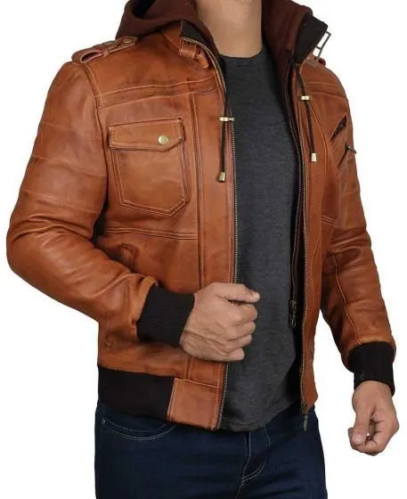 Men's Brown Hooded Leather Bomber Jacket with Rib-Knit Cuffs