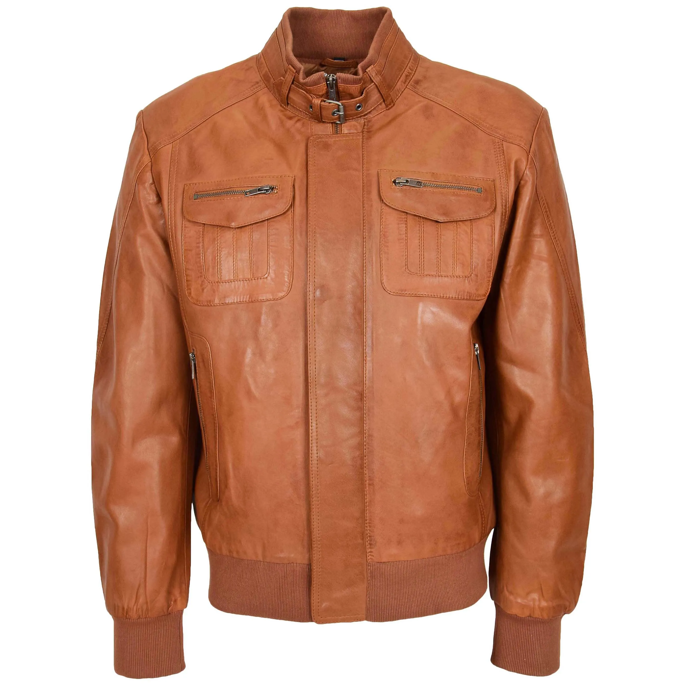 Mens Leather Bomber Flight Jacket Tom Tan