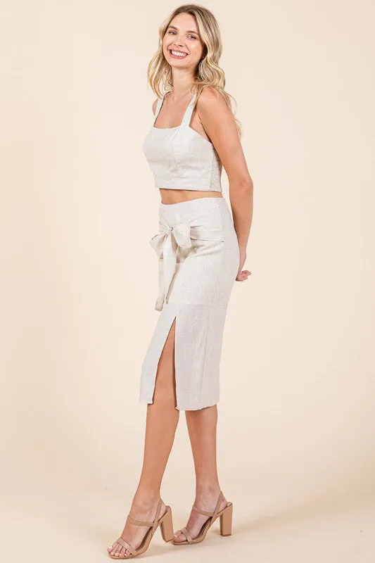 Natural 2 Piece Linen Crop Cop and Pencil Skirt Set