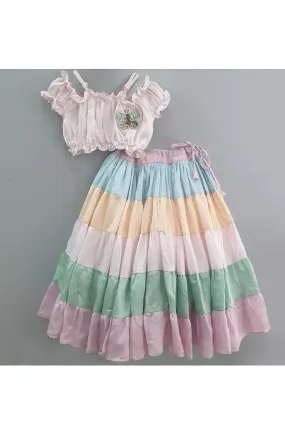 Off shoulder balloon sleeves top with rainbow ghagra